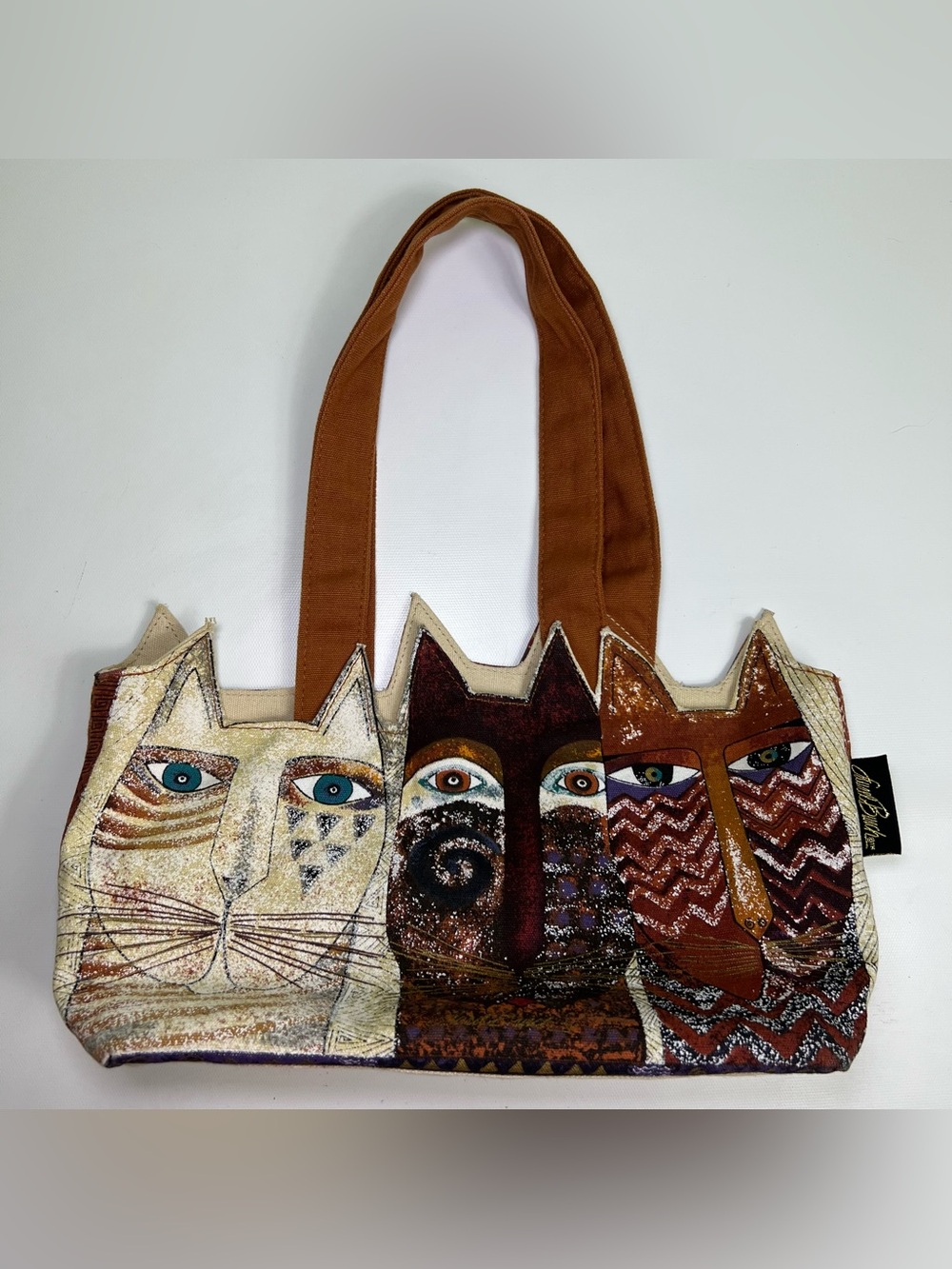 Laurel Burch Tres Gatos Shoulder Hand Bag Purse Three Cats Cotton Zip Top Brown